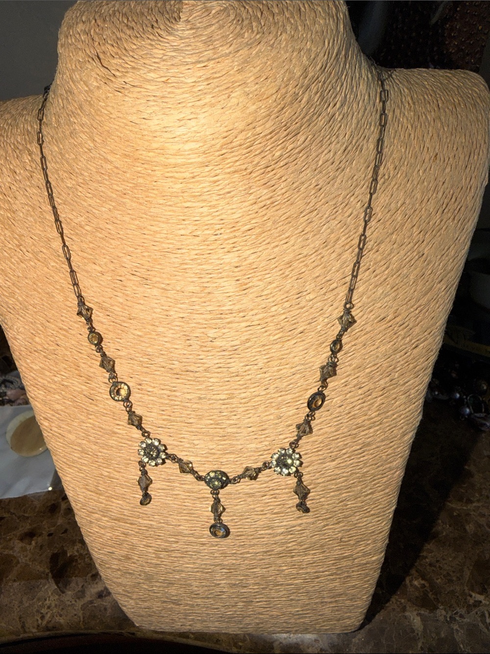 Bronze color Sterling silver artisan crafted Floral Crystal necklace